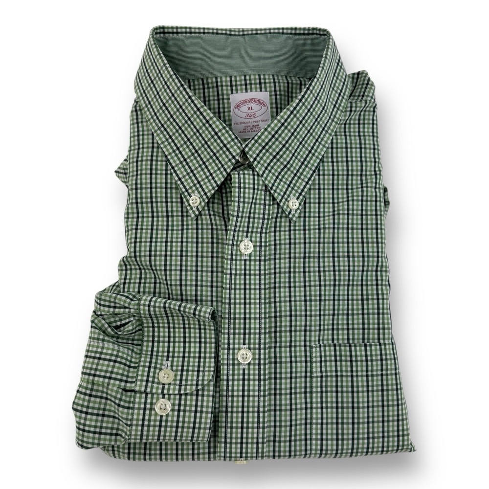 Brooks‎ Brothers 346 Green & White Plaid Long Sleeve Non-Iron Cotton Shirt Sz XL